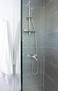prysznic ze szklanymi drzwiami w łazience w obiekcie Acio Tinto Loft Casco Histórico de Ourense w mieście Ourense