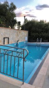 a blue swimming pool with a metal railing next to it at B&B Nonna Valentina in Centola