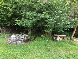 um banco sentado debaixo de uma árvore ao lado de uma pilha de pedras em Vila Idila em Crni Vrh