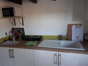 a kitchen counter with a sink and a microwave at Gite de Lac Tranquille in Plaud