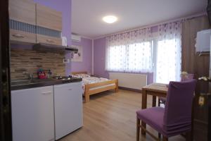 a kitchen with a sink and a table and a bedroom at APARTMANI KSENIJA in Krapinske Toplice