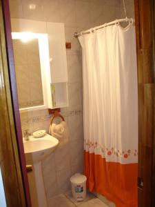 y baño con cortina de ducha y lavamanos. en Turismo Vinapu, en Hanga Roa