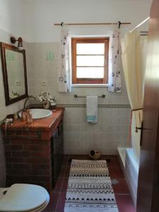 a bathroom with a sink and a toilet and a window at Casa RioTempo + Jangada in Tomar