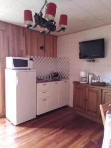 uma cozinha com um frigorífico branco e uma televisão em PRA BIQUET em Les Thuiles