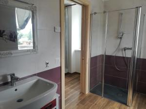 een badkamer met een wastafel en een douche bij ROSTICAFFE' in Lavarone