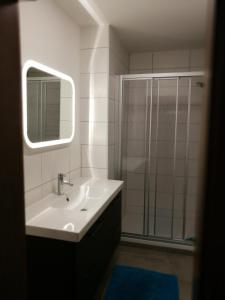 un bagno con lavandino e doccia con specchio di Gemütliche Wohnung 10 Minuten vom See entfernt a Zell am See