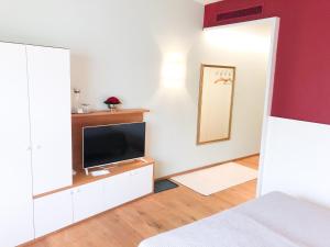 sypialnia z telewizorem, łóżkiem i lustrem w obiekcie Die Schmiede w mieście Ybbsitz