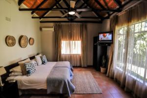 a bedroom with a bed and a flat screen tv at Mantenga Lodge in Ezulwini