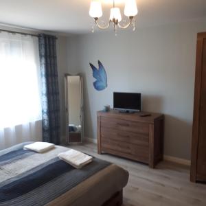 sypialnia z łóżkiem i komodą z lustrem w obiekcie Apartament w lesie w mieście Lipnica