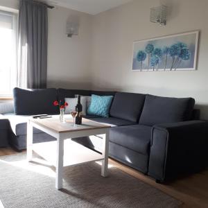 salon z kanapą i stołem w obiekcie Apartament w lesie w mieście Lipnica