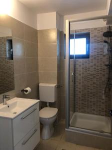 a bathroom with a toilet and a shower and a sink at Pensiunea Platinum in Băile Herculane
