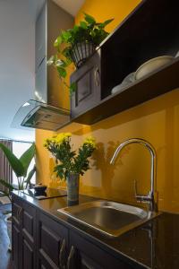 a kitchen with a sink and some plants on a counter at Centraltique Downtown - Bespoke Colonial House Near Hoan Kiem Lake in Hanoi +55 photos