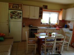 a kitchen with a table and a refrigerator at Dina in Palaia Fokaia