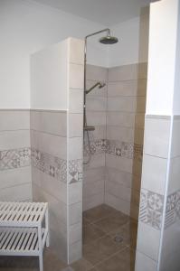 een douche met een glazen deur in een badkamer bij Weingut Krikler in Weiden am See +31 foto's