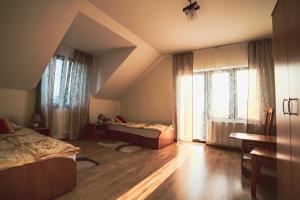 an attic bedroom with two beds and windows at Agroturystyka Nowa Wólka in Łęczna