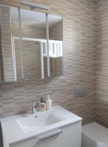 a bathroom with a sink and a mirror and a toilet at Apartments Irina in Ičići +36 photos