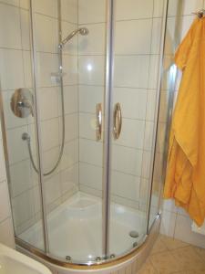 a shower with a glass door in a bathroom at Pircherhof in San Candido +32 photos