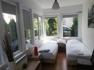 a bedroom with two beds and two windows at blatoapartament in Sopot