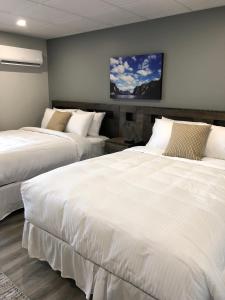 a hotel room with two beds and a television at Ocean View Hotel in Rocky Harbour