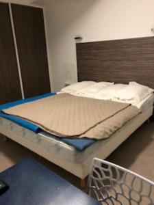 a bed with a wooden headboard in a room at Résidence Moderne in Valras-Plage