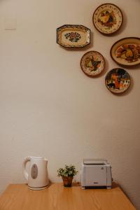 a counter with a toaster and plates on a wall at Sabor a Verão, T1 em frente à praia com TV in Figueira da Foz