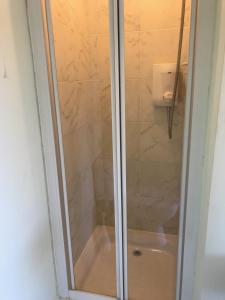 a shower with a glass door in a bathroom at Orchard Manor in Probus