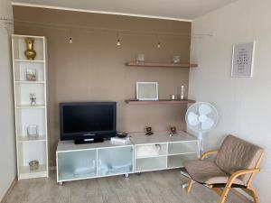 ハープサルにあるNiine Apartmentのリビングルーム(テレビ、椅子付)