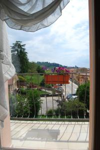 una finestra con una pentola di fiori sul balcone di CORTE GRAZIA a San Zeno di Montagna Altre 4 foto