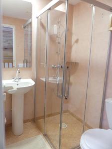 bagno con doccia, lavandino e servizi igienici di Gîte de Llo Eco-hébergement de montagne a Llo