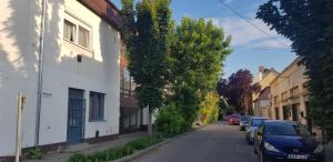 a street with cars parked on the side of a building at Lotti apartman in Kiskunhalas