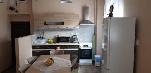 uma pequena cozinha com uma mesa e um frigorífico em Lotti apartman em Kiskunhalas