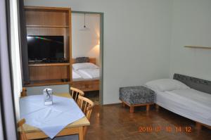 Pokój z łóżkiem i stołem z lustrem w obiekcie Appartmenthaus Josefikeller w mieście Podersdorf am See