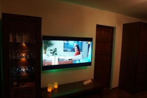 telewizor z płaskim ekranem na ścianie w salonie w obiekcie Gór-SKI Apartament w Szklarskiej Porębie