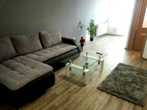 a living room with a couch and a coffee table at Skyline Rooftop Condos in Oradea