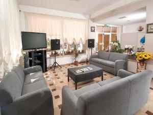 a living room with couches and a flat screen tv at Hotel Marisa in Riccione