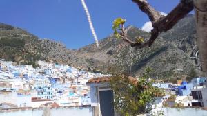 a view of a town with blue and white buildings at Harmony Hotel in Chefchaouen