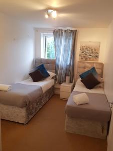 1 dormitorio con 2 camas y ventana en Vetrelax Basildon Crosse Apartment, en Basildon