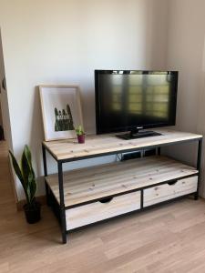 einen Fernseher auf einem hölzernen Entertainment-Center in der Unterkunft Apartamento Somos Ainsa in Aínsa