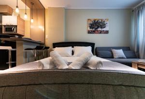 - une chambre avec un lit avec des oreillers et un canapé dans l'établissement Olive House, à Ioannina