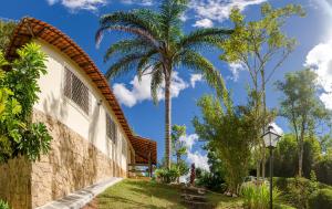 um edifício com uma palmeira e uma luz de rua em Refúgio Serrano - Em meio a Mata Atlântica em Petrópolis