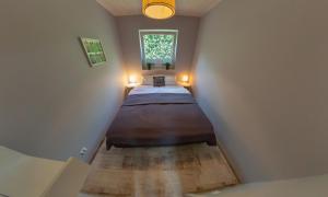 ウストカにあるCicha Dolinaのベッドと窓が備わる小さな客室です。