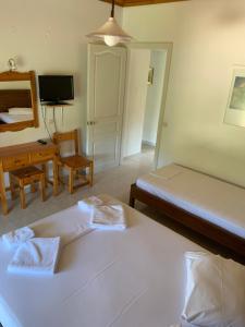 a bedroom with two beds and a desk and a television at Filoxenia Kontogiannis in Lazaráta