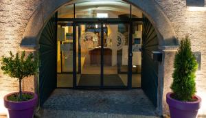 uma entrada para um edifício com dois vasos de plantas em Stadthotel Waidhofen an der Thaya em Waidhofen an der Thaya
