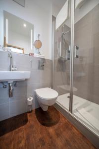 a bathroom with a toilet and a shower and a sink at Hotel Hirsch in Kehl am Rhein