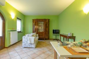 a living room with green walls and a table and a chair at Ca' dei Gatti in Toscolano Maderno