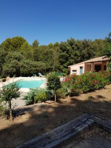 a backyard with a pool and a house and trees at La Rainette in Flayosc