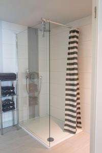 a glass shower in a room with a shelf at DeuxPonts Ferienwohnung in Zweibrücken