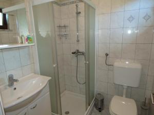 a bathroom with a shower and a toilet and a sink at Apartma Jager in Bovec