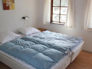 ホにあるThree-Bedroom Holiday home in Blåvand 42の窓付きの部屋のベッド1台分です。