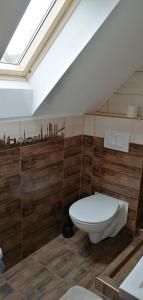 バラトンフレドにあるRózsa Panzióの白いトイレと木製の壁が備わるバスルーム